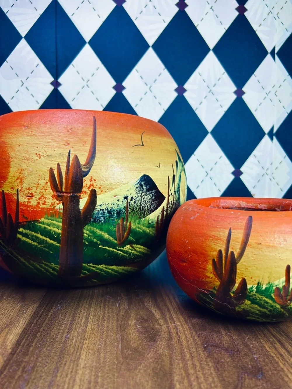 1970s Mexican Desert Landscape Planters Hand Painted Clay Pottery Southwestern - Picture 10 of 12
